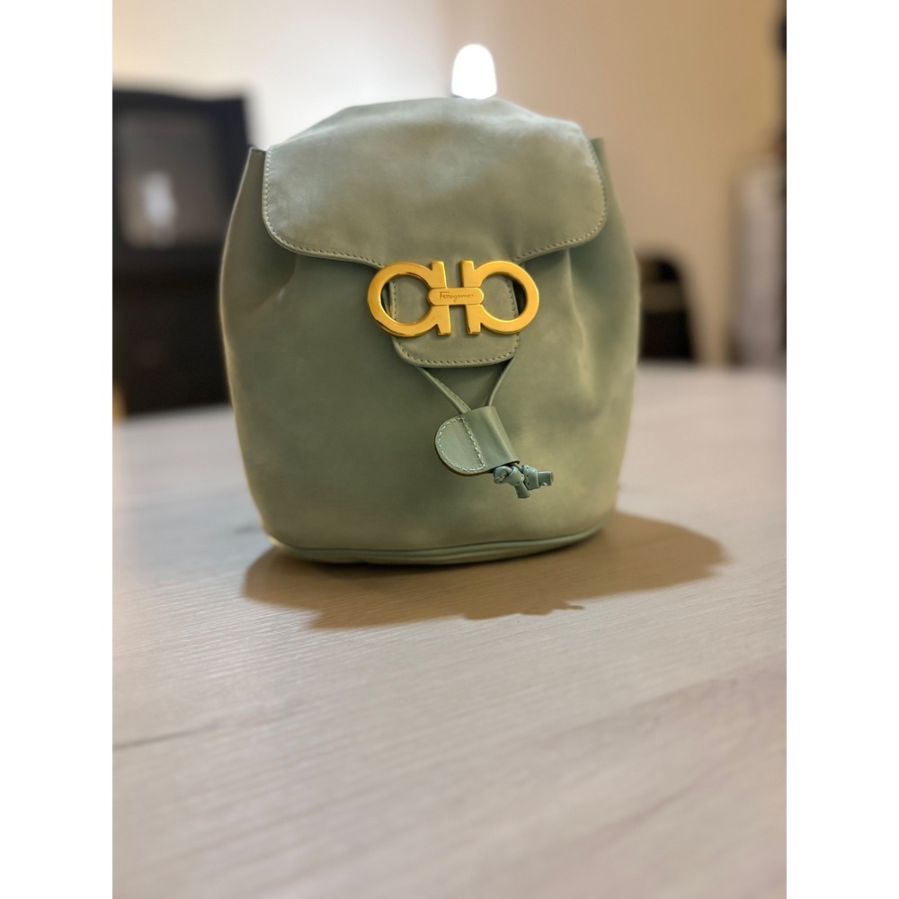 Salvatore Ferragamo Gancini Buckle Leather‎ Backpack Mint Green Drawstring